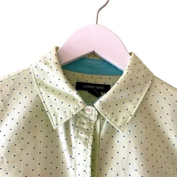Lands’ End Button Down Collar Green Blue Polka Dots Long Sleeves Women Blouse 4 - Picture 2 of 10